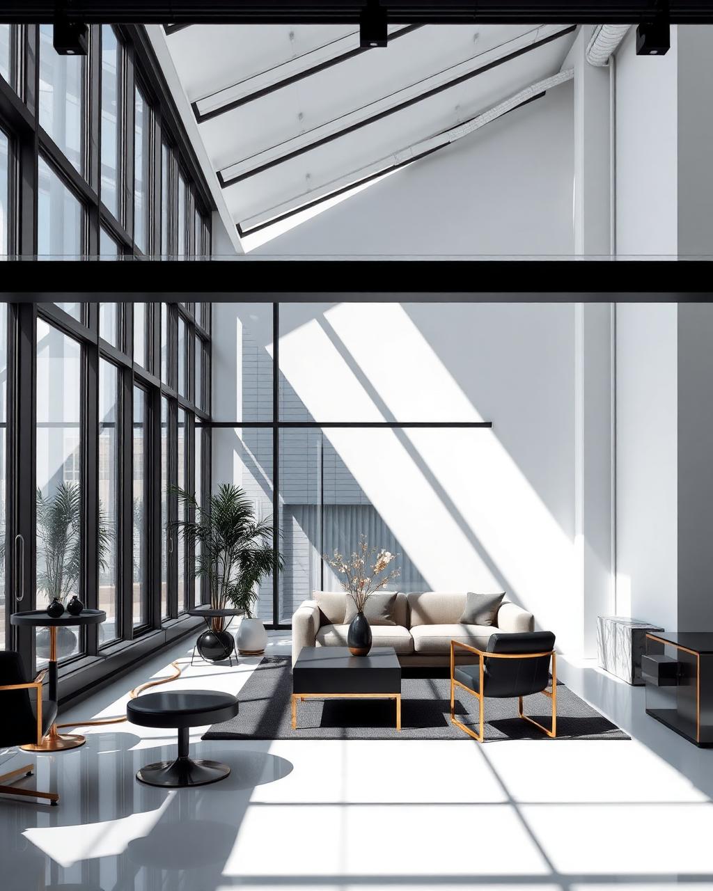 Espaço de trabalho da agência com luz natural e detalhes em dourado